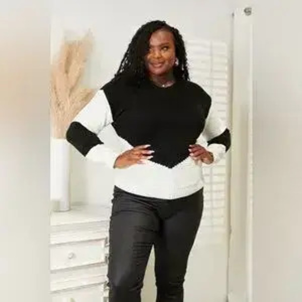 Woven Right Two-Tone Openwork Rib-Knit Sweater - Picture 5 of 7